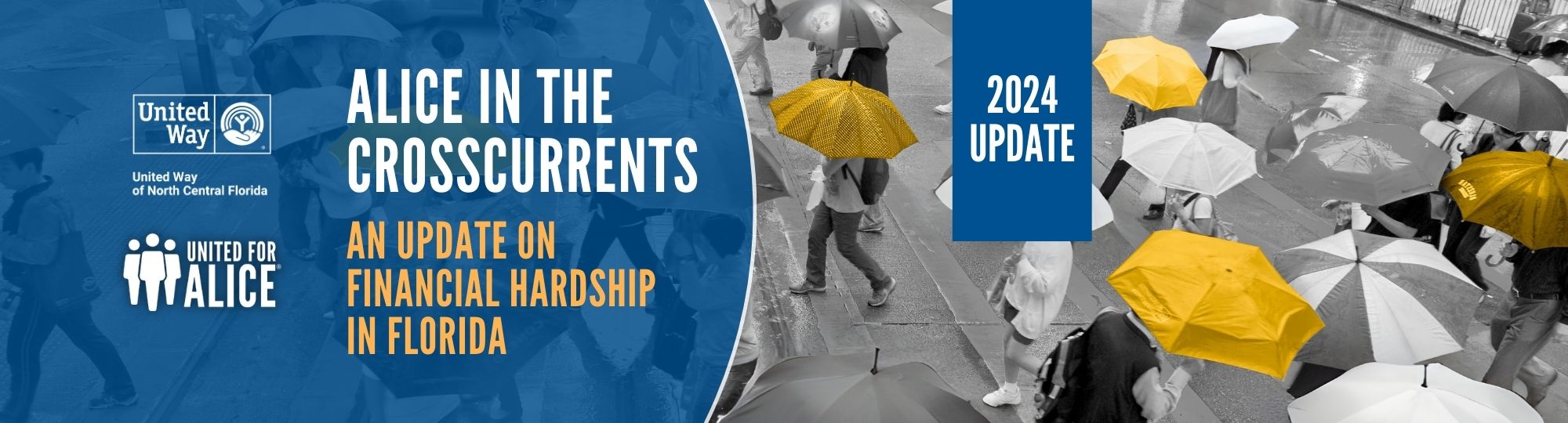 Black and white photo of people walking along city street holding umbrellas with some umbrellas shaded yellow to highlight how ALICE walks among us